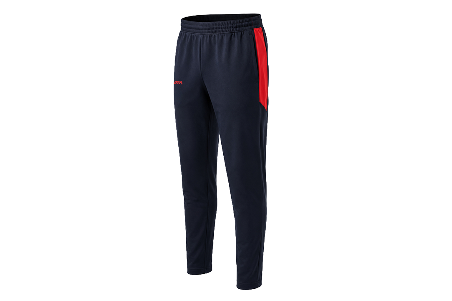 Navy cricket trouser with a red apex side panel, front view