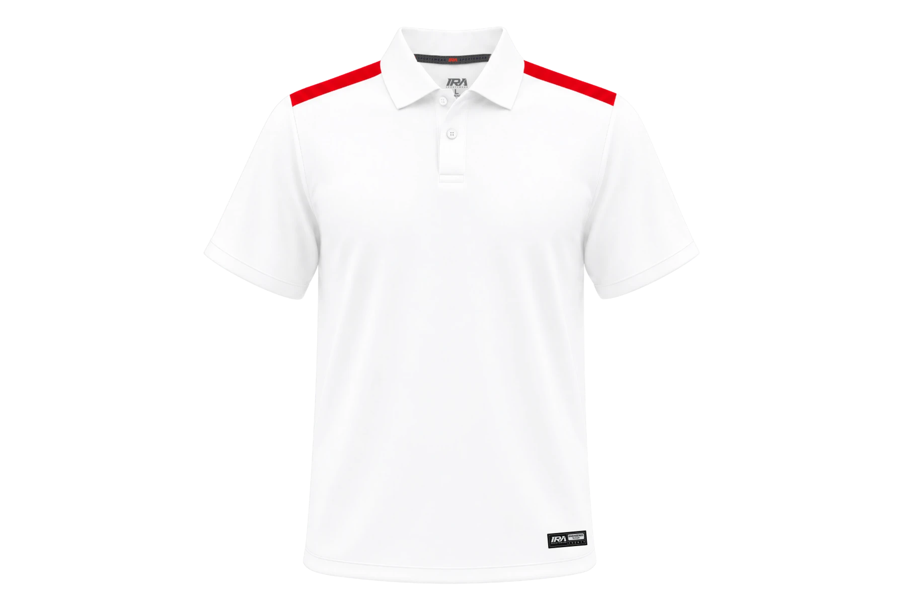 Shoulder panel white cricket polo, front view