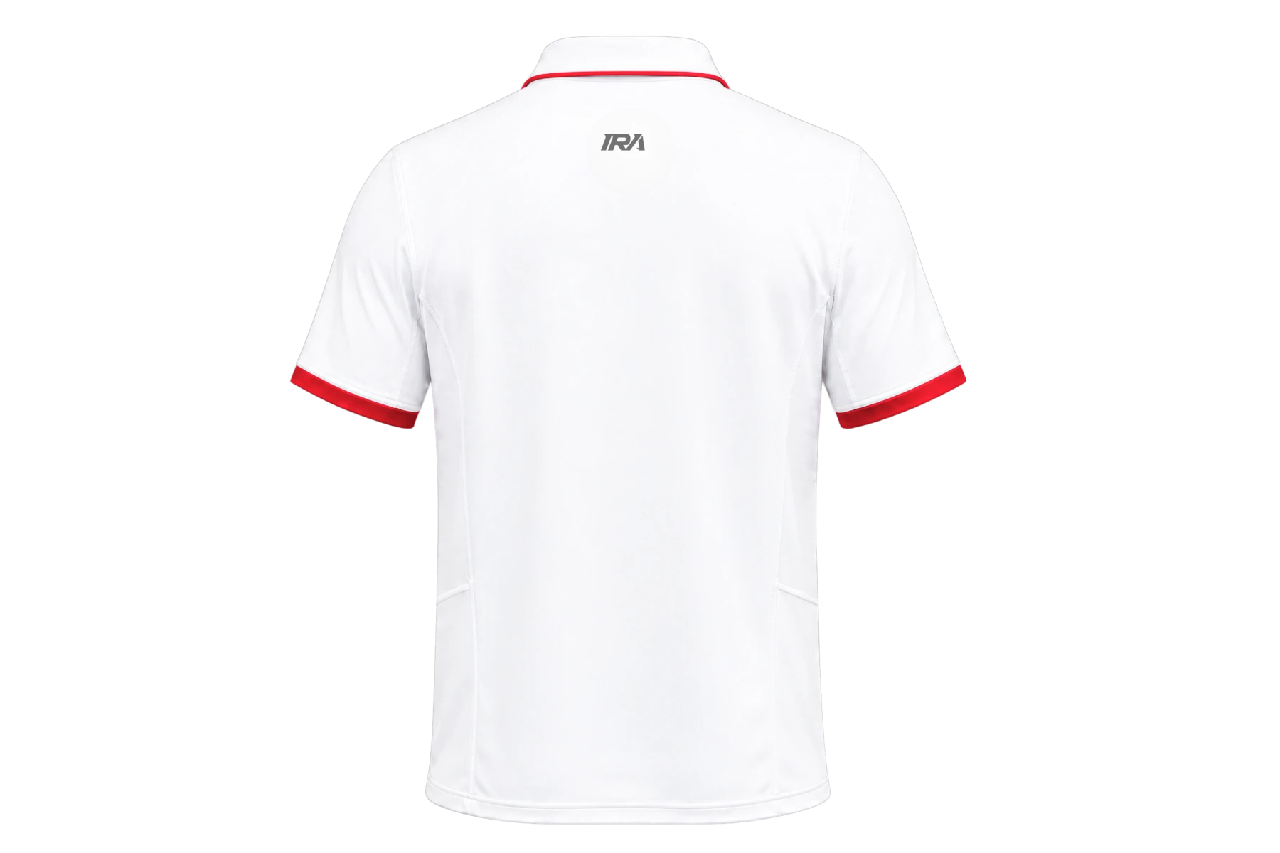 Tipped white cricket polo, back view