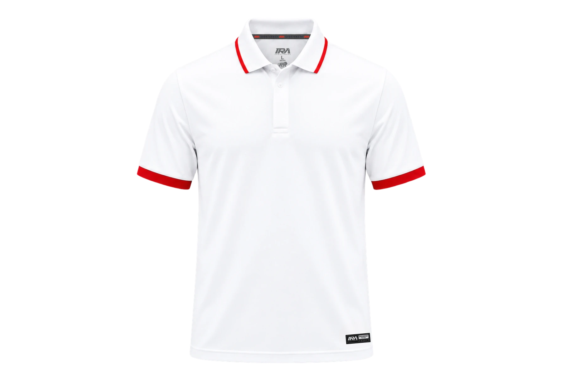 Tipped white cricket polo, front view