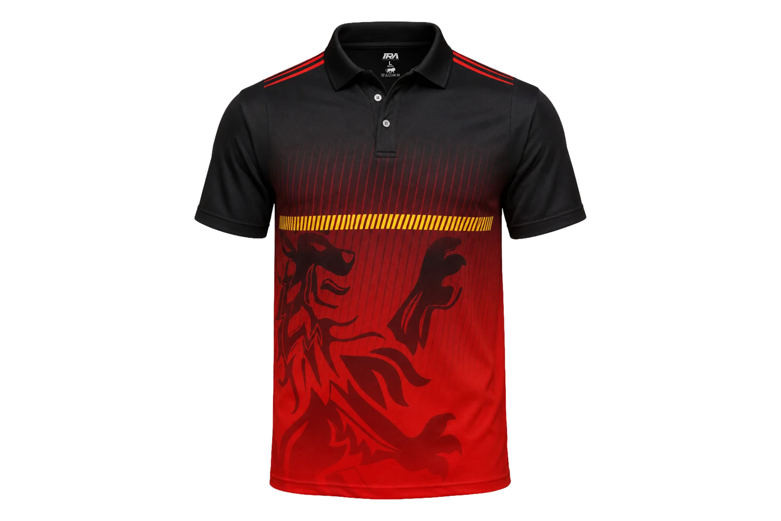 Red and black custom cricket jersey, front view