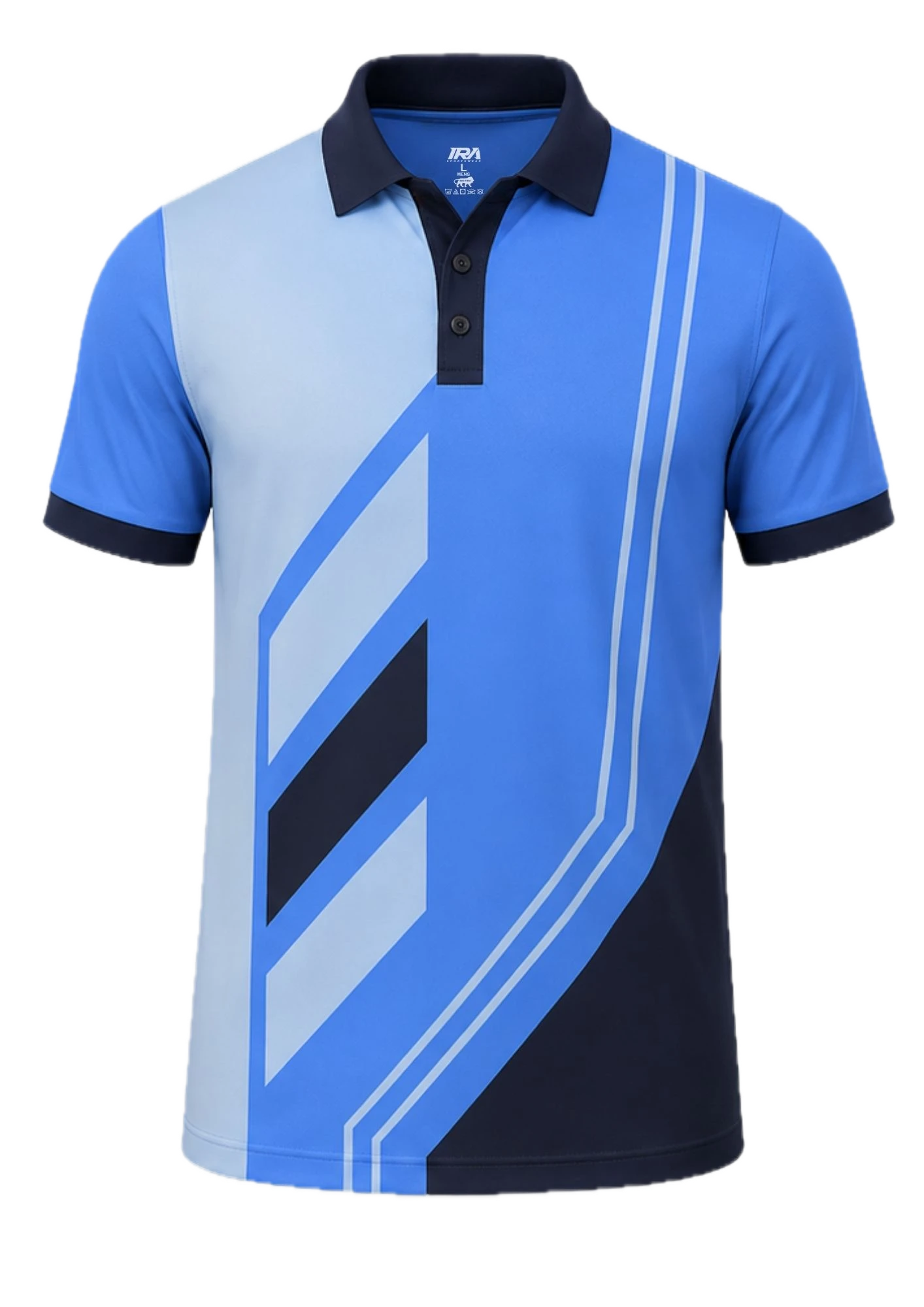 Sky blue, white and navy custom cricket jersey, front view