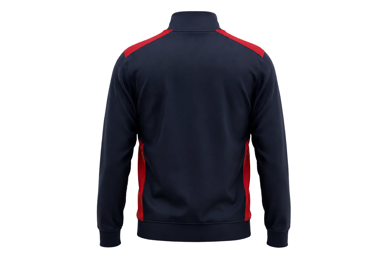 Navy and red full zipper travel jacket with accent panels, back view