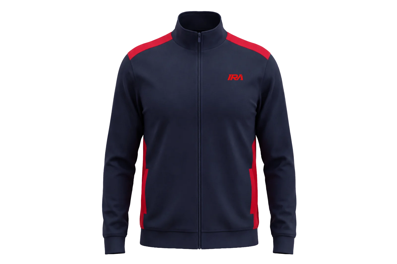 Navy and red full zipper travel jacket with accent panels, front view