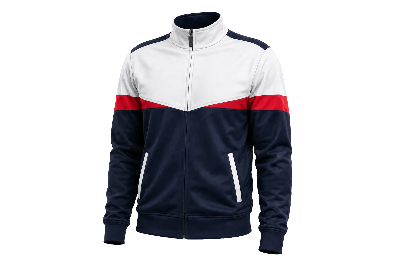 Full zipper jacket with angled chest panel, front view