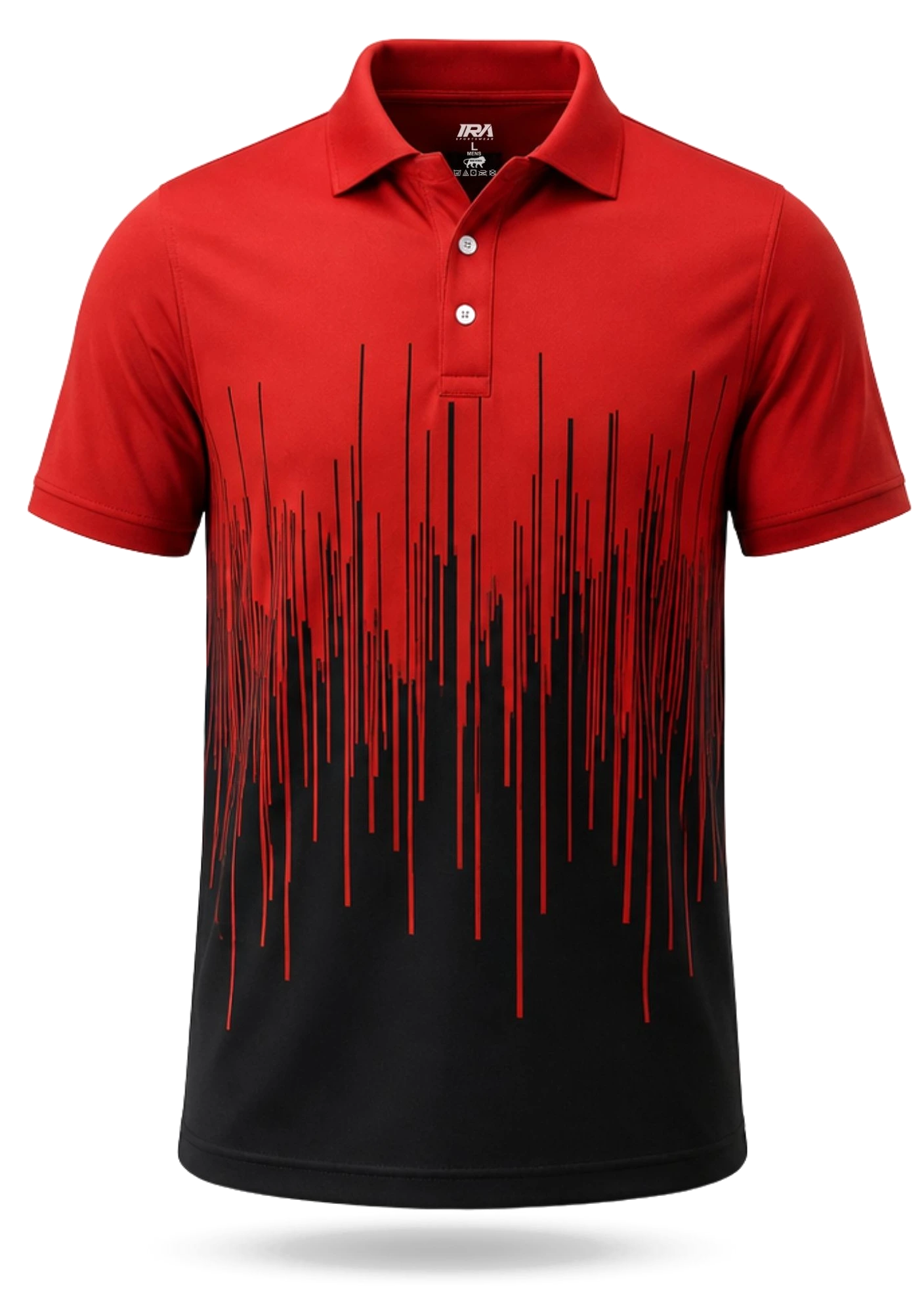 IRA custom cricket jersey, red and black eclipse design, front view
