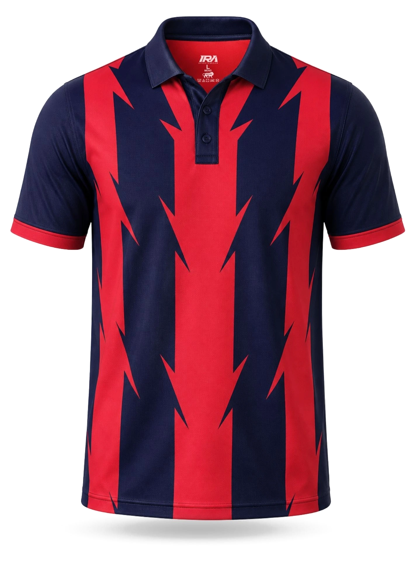 IRA custom cricket jersey, red and navy vector design, front view