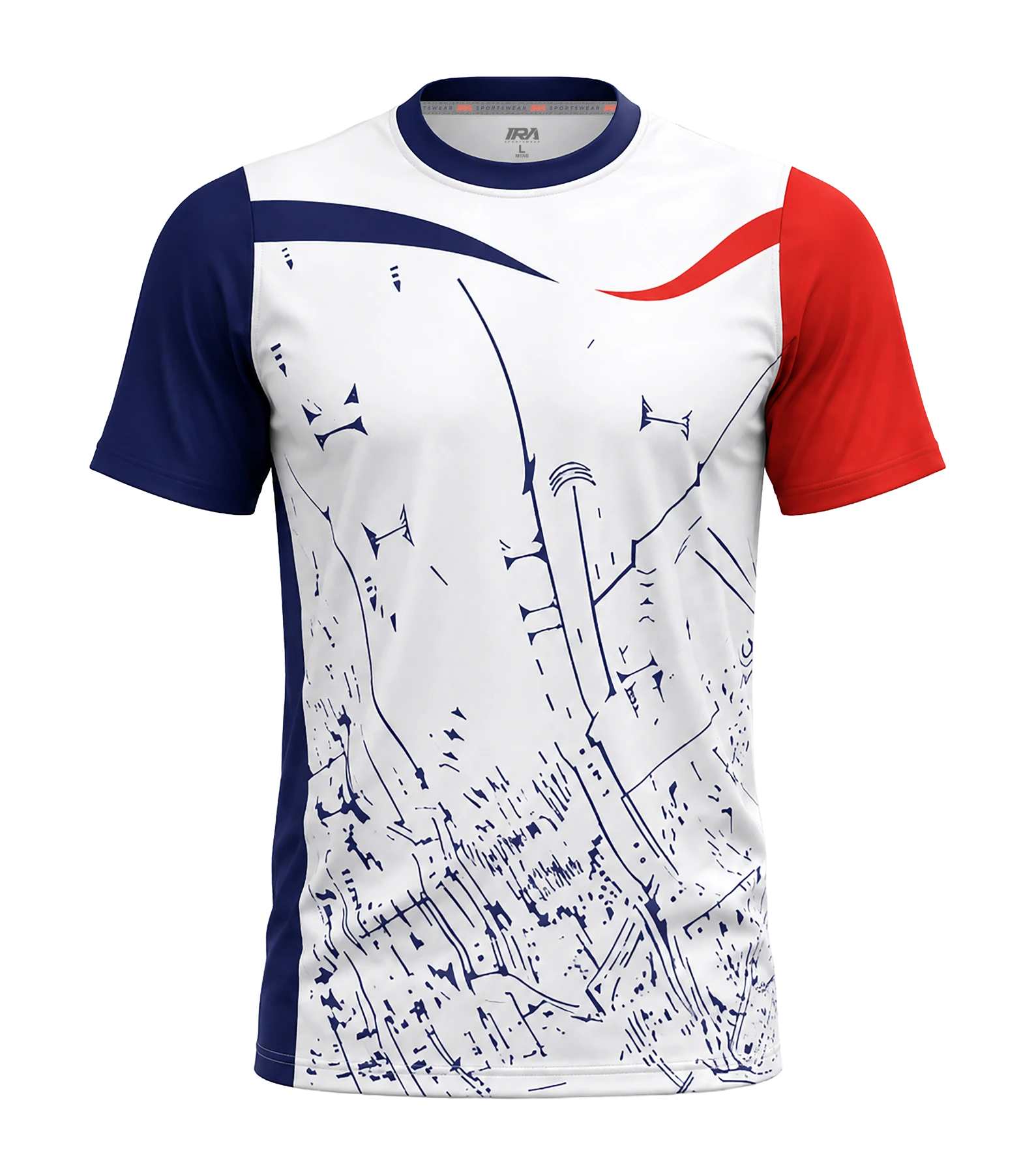 White, navy and red training jersey, front view