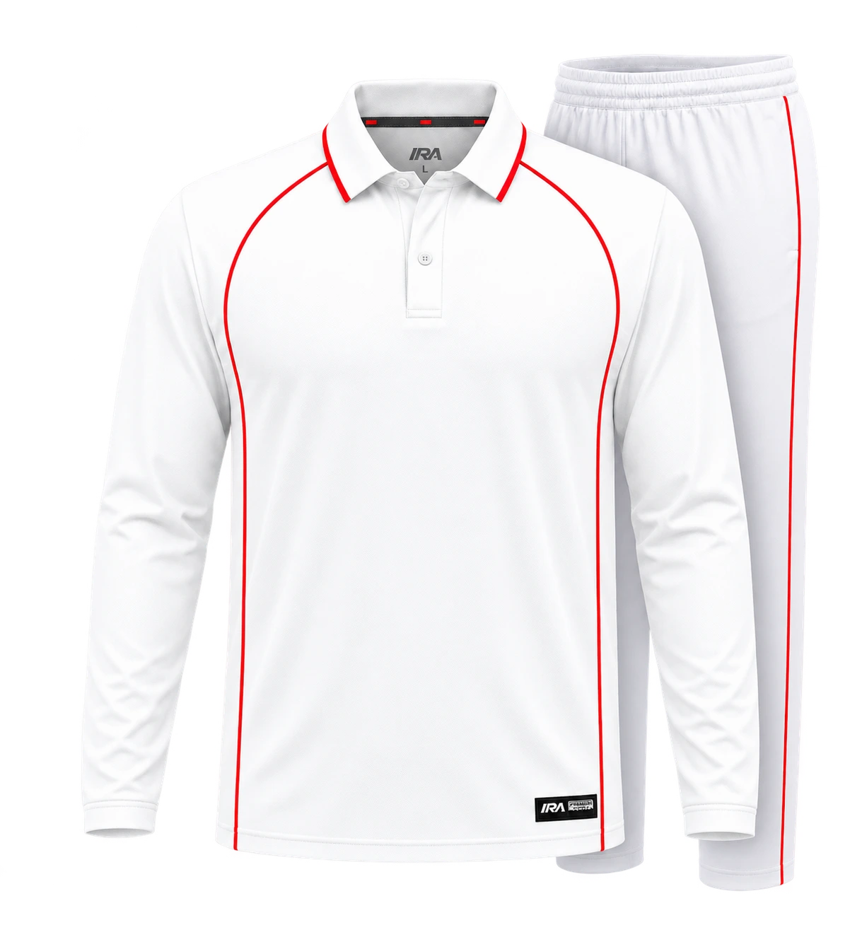 IRA cricket whites polo and trouser set, front view